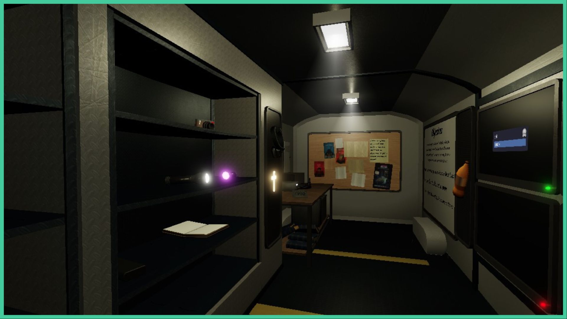 feature image for our blair roblox ghosts guide, the image features a screenshot from inside the van, with the ghost hunting equipment on the shelves to the side including a flashlight, camera, and open notebook, there is a board with paper and posts attached, screens to the right for cameras, and a whiteboard with writing on it about the mission