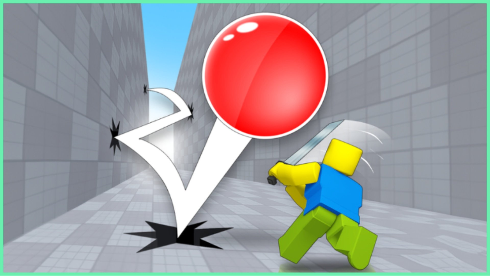 the image shows a large red ball hitting off gridded walls from a grey gridded platform and heading towards a player who is whacking a sword into the ball to divert its trajectory