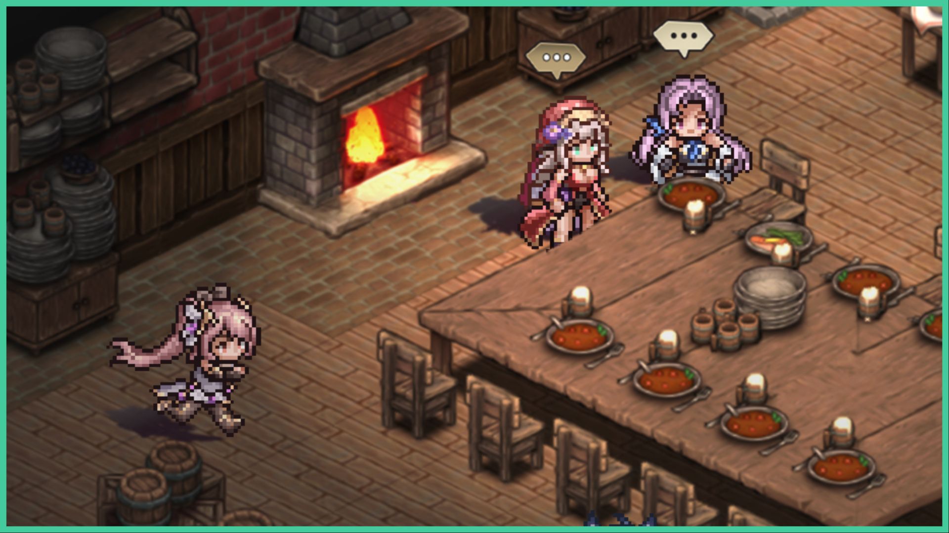 feature image for our endless grades pixel saga codes, the image features pixelated chibi characters relaxing around a large table with bowls of soup and pints of beer, there is a roaring fireplace behind them as another pixel character runs toward the table