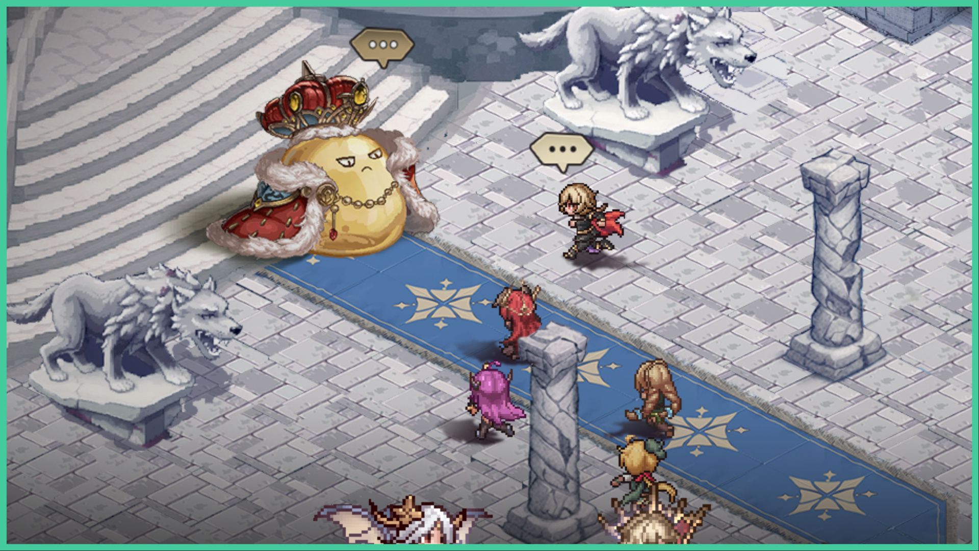 feature image for our endless grades tier list, the image features a screenshot of some characters inside a stone castle approaching a giant slime that is dressed like a king with a coat and crown with a stern expression on his face, there is a blue carpet across the floor as well as stone pillars and stone wolf sculptures with stone stairs behind the king slime
