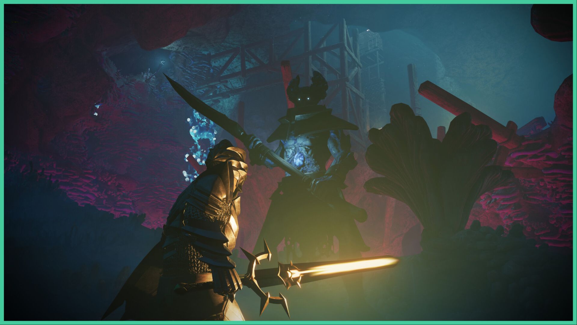 feature image for our enshrouded class tier list, the image features a promo screenshot for the game of a character wearing metal armour and holding a sword as they face a large creature who is holding a sharp spear with horns and glowing eyes, they seem to be inside some sort of cave, with glowing plants, and wooden beams in the background
