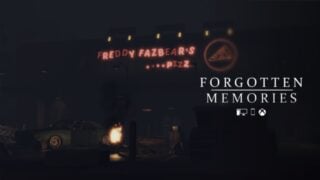 promo image for forgotten memories, the image shows freddy fazbear's pizzeria with a neon sign with a few broken lights, there is a parked car outside as well as a bonfire, the game's logo is to the side with the logo for PC, mobile and xbox down below