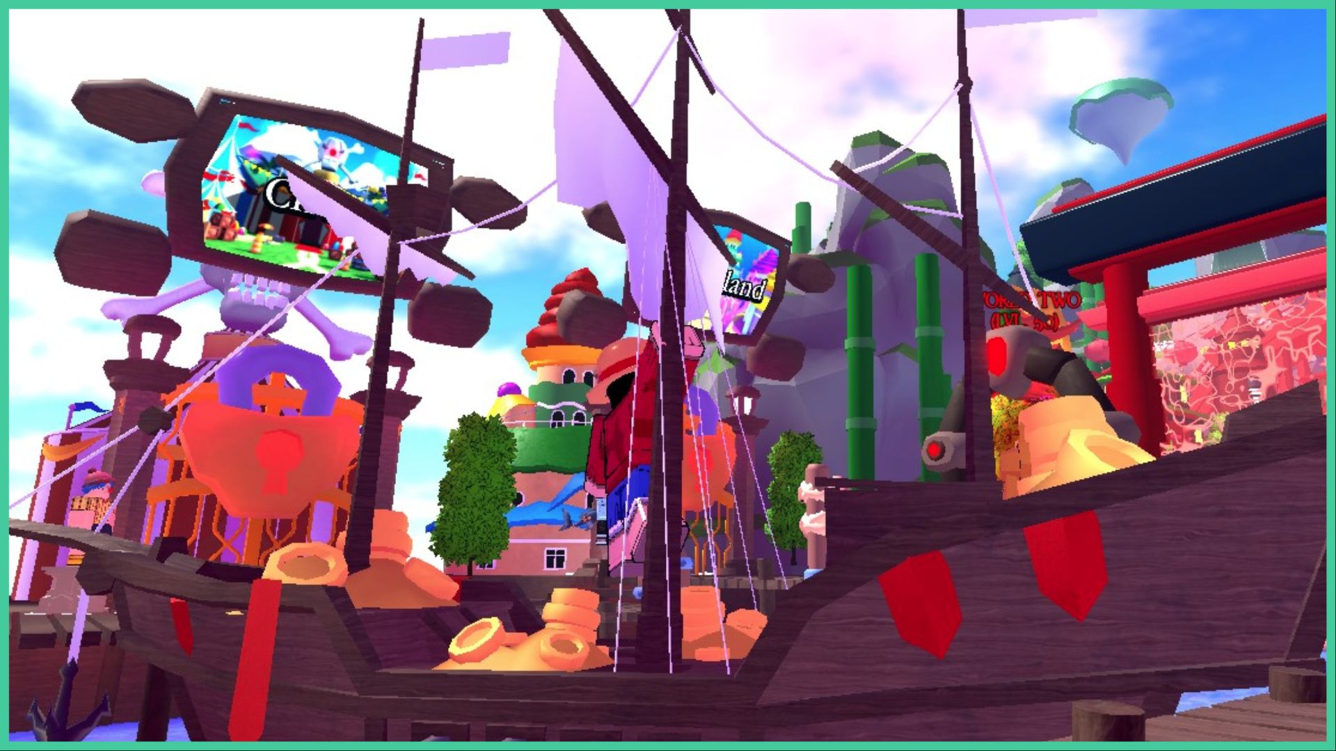 feature image for our fruit tower defense tier list, the image is a screenshot from the game of a pirate ship which has a large roblox version of luffy standing on it, the boat is full of piles of golden treasure