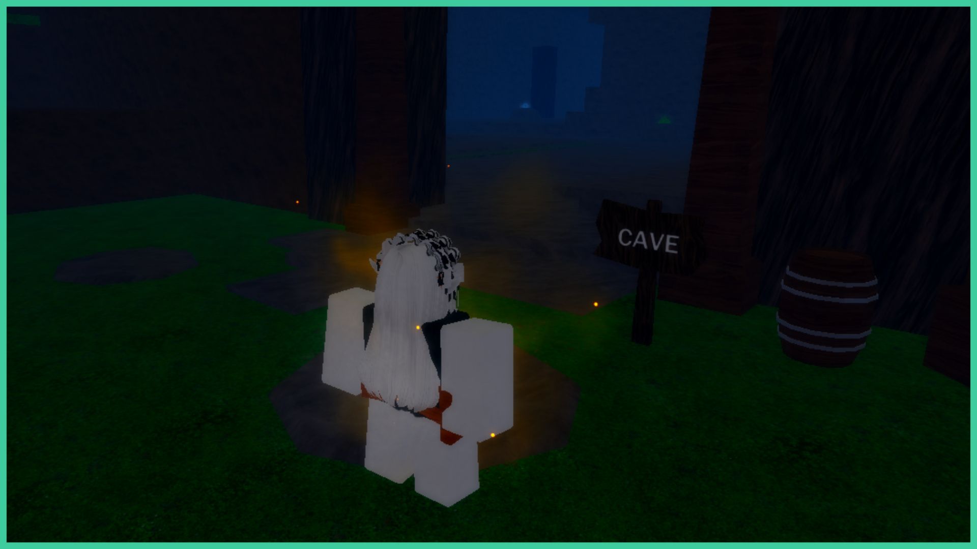 feature image for our grimoires era abilities, the image features a screenshot of a roblox player standing outside a cave entrance with a wooden sign outside that reads cave and a wooden barrel, there are glowing items inside the cave
