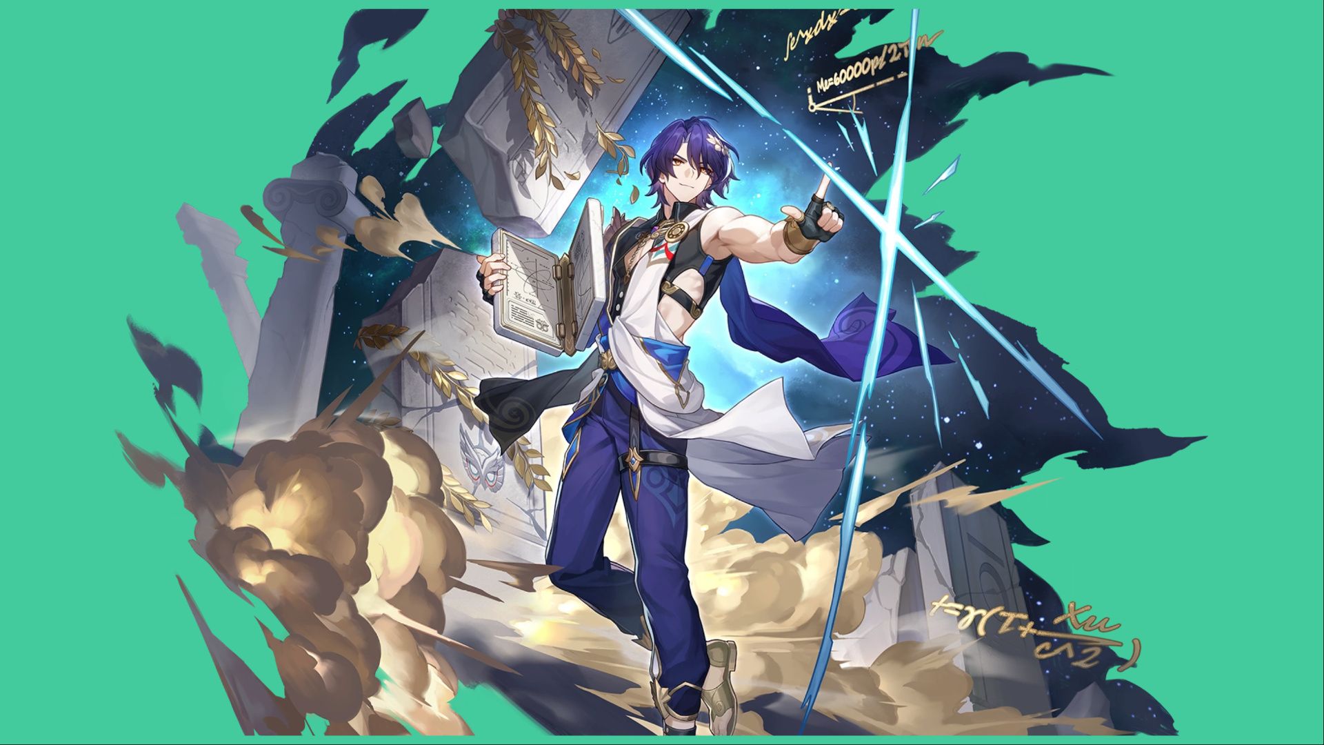 feature image for our honkai star rail dr ratio tier list, the image features dr ratio's splash art as he points ahead and holds an open book in his other hand, he is surrounded by broken pillars and stone structures with smoke and dust as a starry galaxy shines in the background