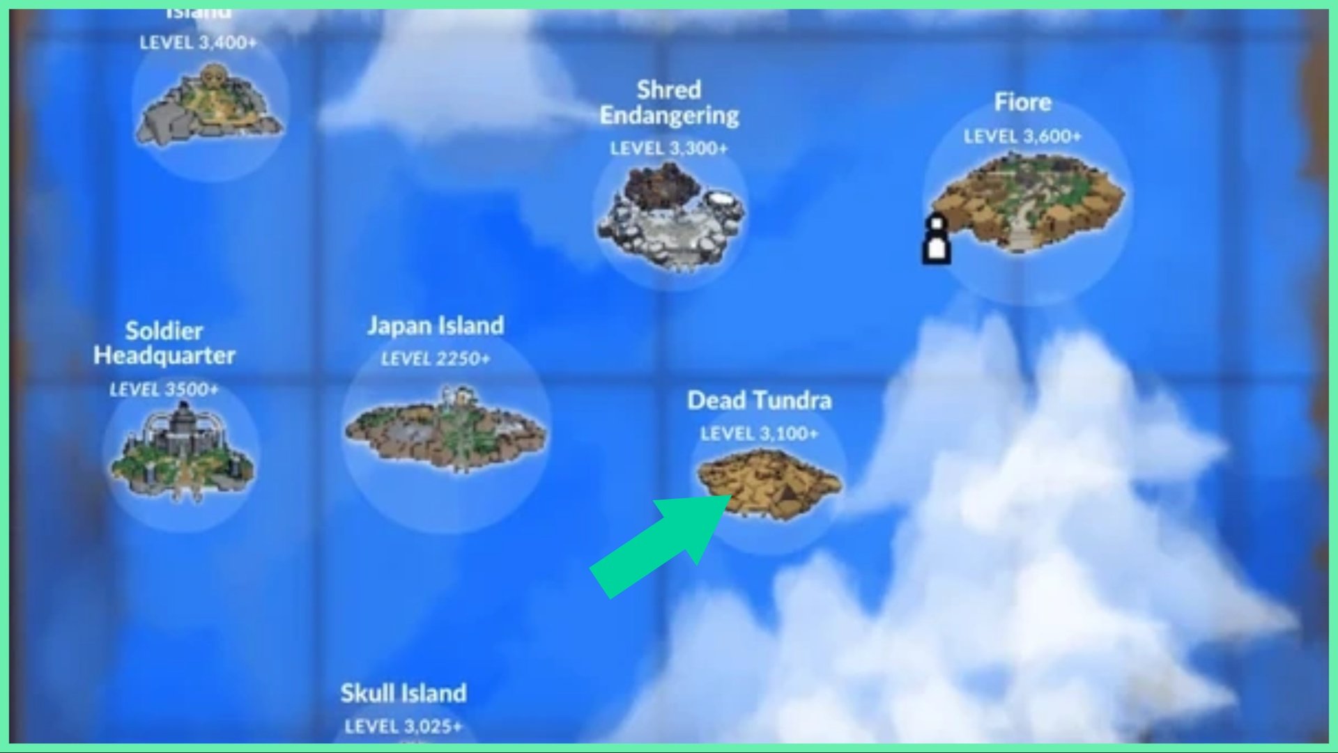 The image shows the map location for where Lost Rubies can be found in King Legacy. The map is all blue with white clouds circling around islands. The island being pointed to by a green arrow is called Dead tundra