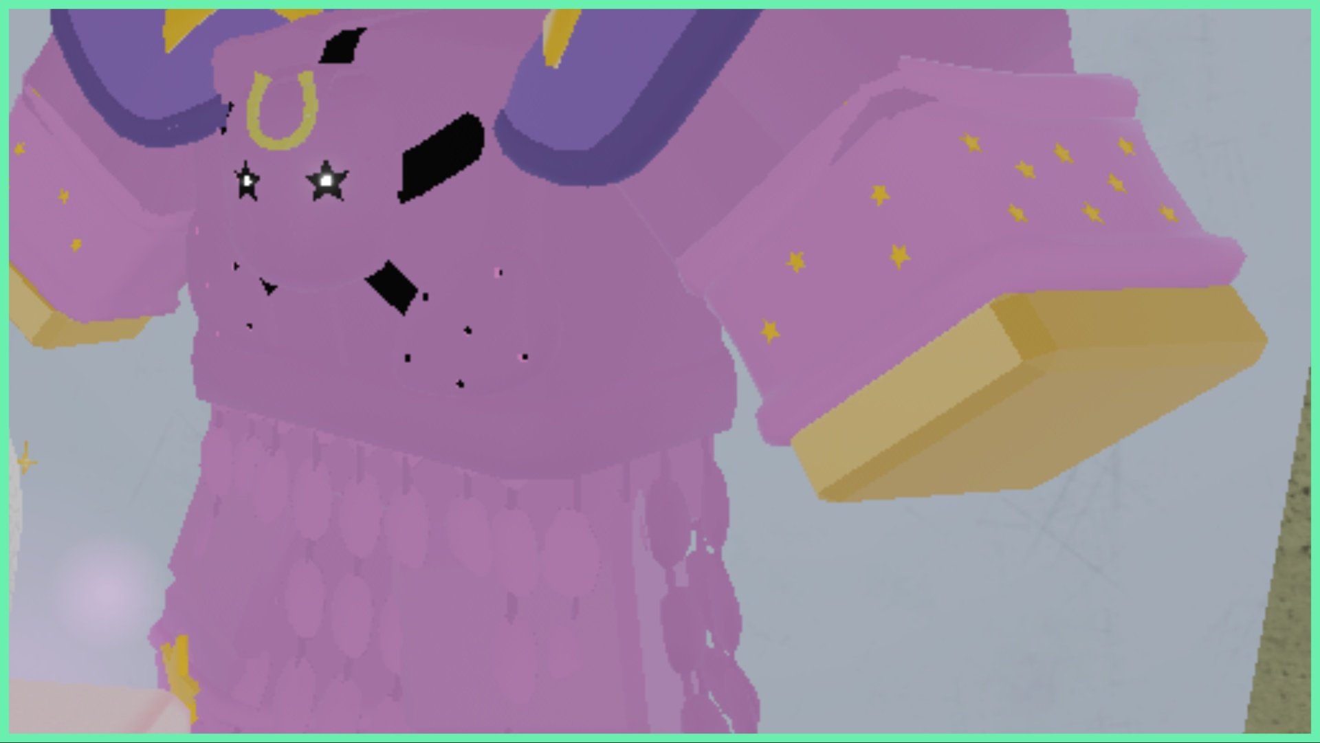 The image shows the Tusk Act 4 Stand which has a bulky roblox body build and is all pink with dotted golden stars on the arms. The stand is idle and facing a little to the left. Behind the stand is just a plain grey background