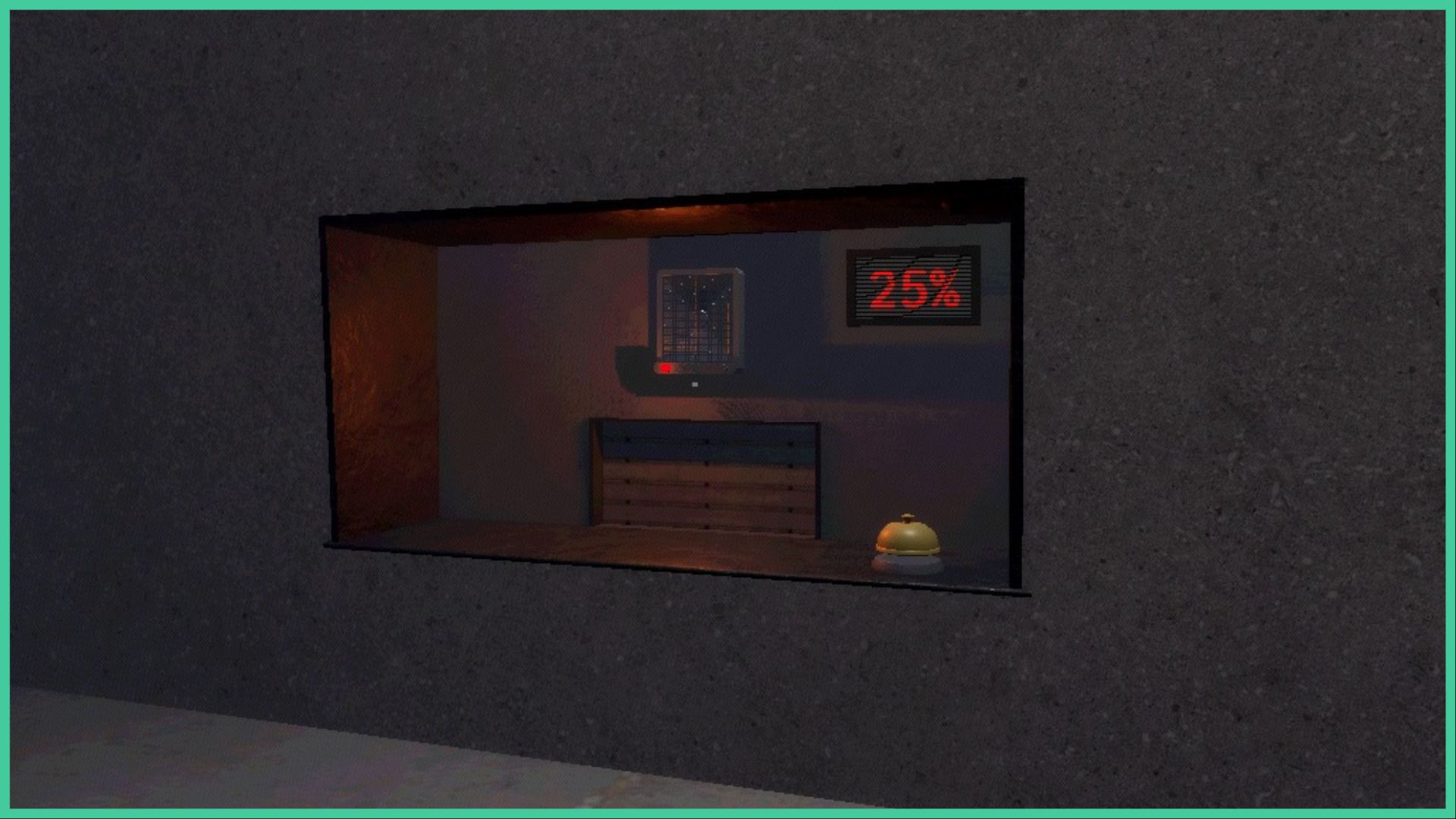feature image for our how to sell in deadly company guide, the image features a screenshot from the game of the counter at the company building where you can sell your scrap items, there is a bell to ring, as well as a little hatch and a screen that has "25%" on it