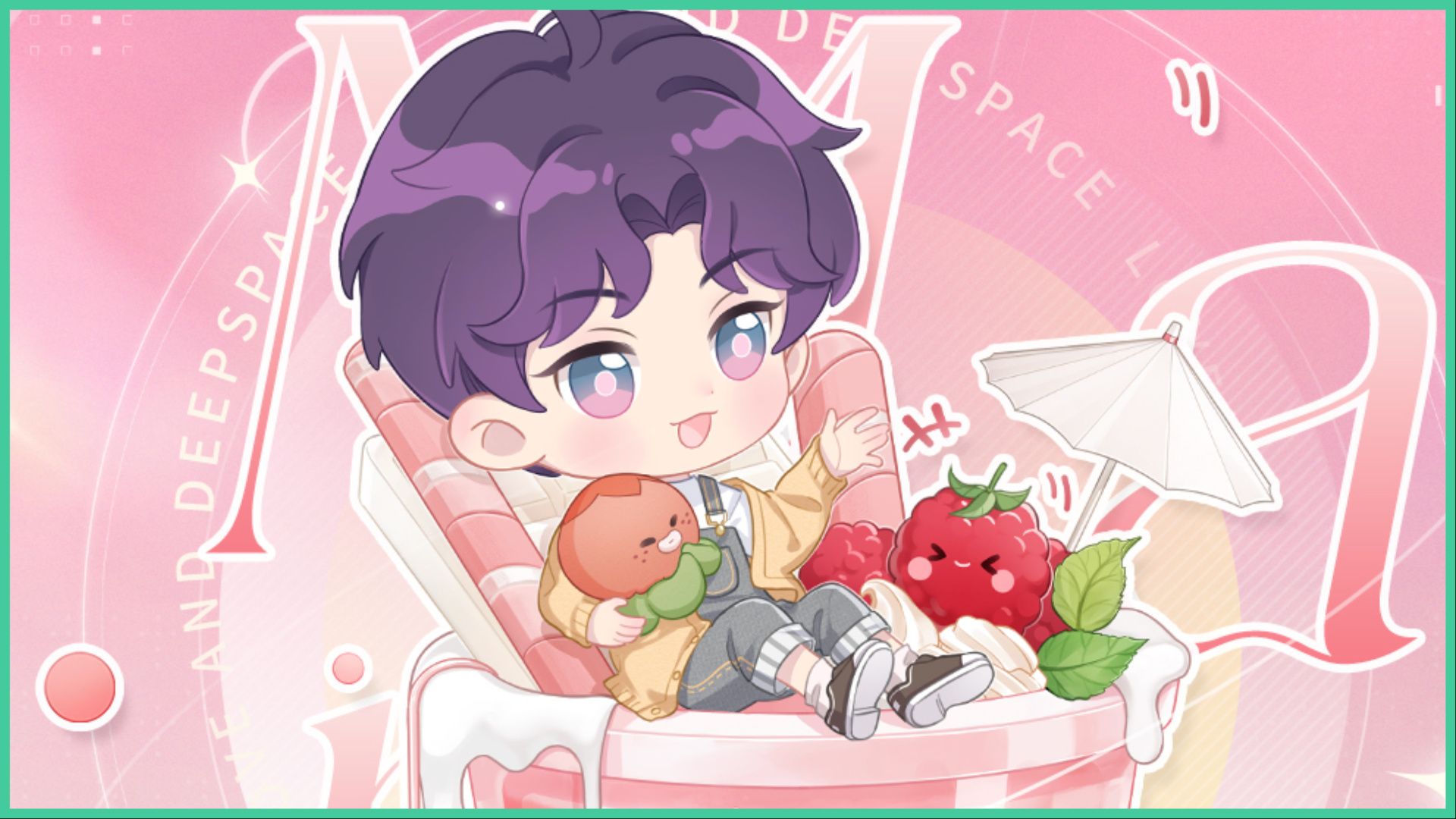 feature image for our love and deepspace claw machine guide, the image features official promo art of a chibi version of rafayel as he sits in a sundae, with a block of white chocolate, pink straw, and a cocktail umbrella stuck in the sundae, he is smiling as he holds a plushie of an octopus as a smiling raspberr sits beside him on other berries, mint leaves and whipped cream, rafayel is waving