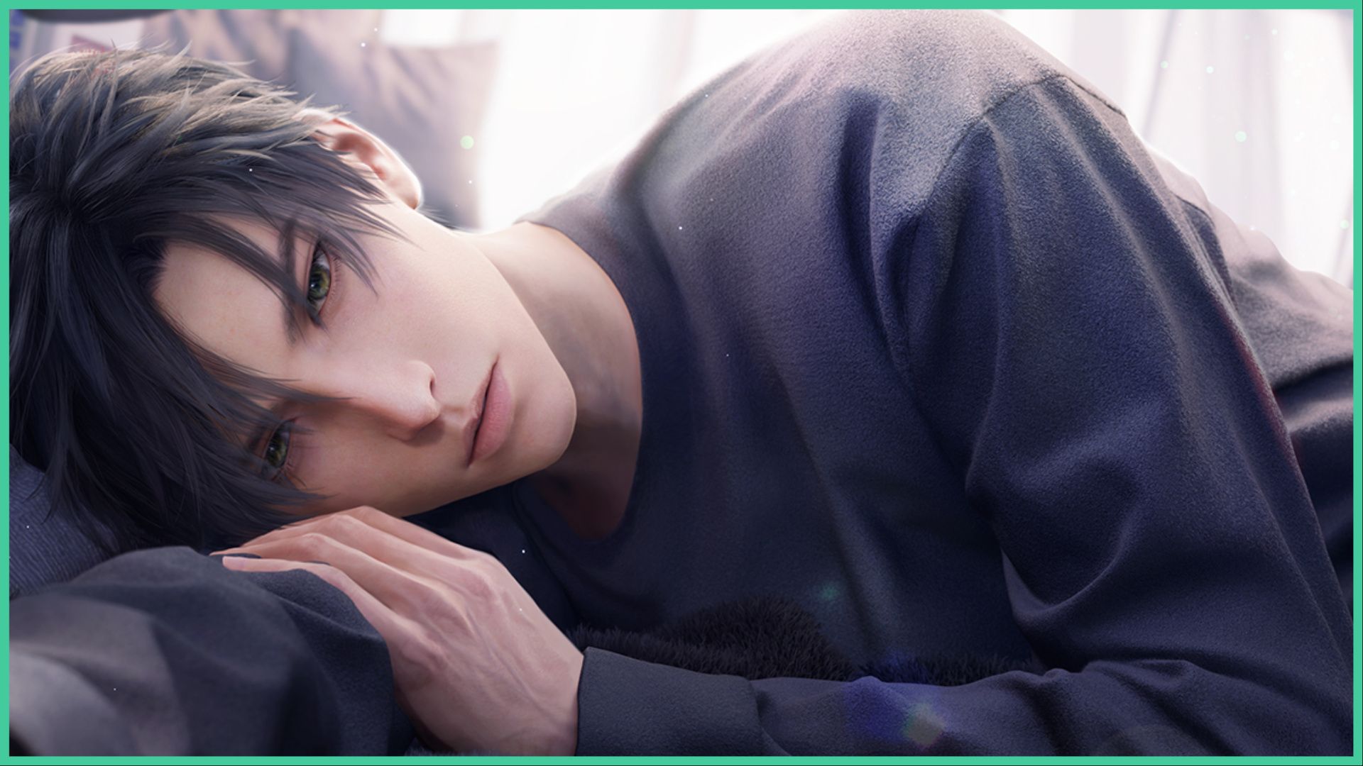 feature image for our love and deepspace galaxy explorer guide, the image features the character zayne as he lays on his side, with his hand on his other arm as it stretches out the sun from the window is glowing over his shoulder