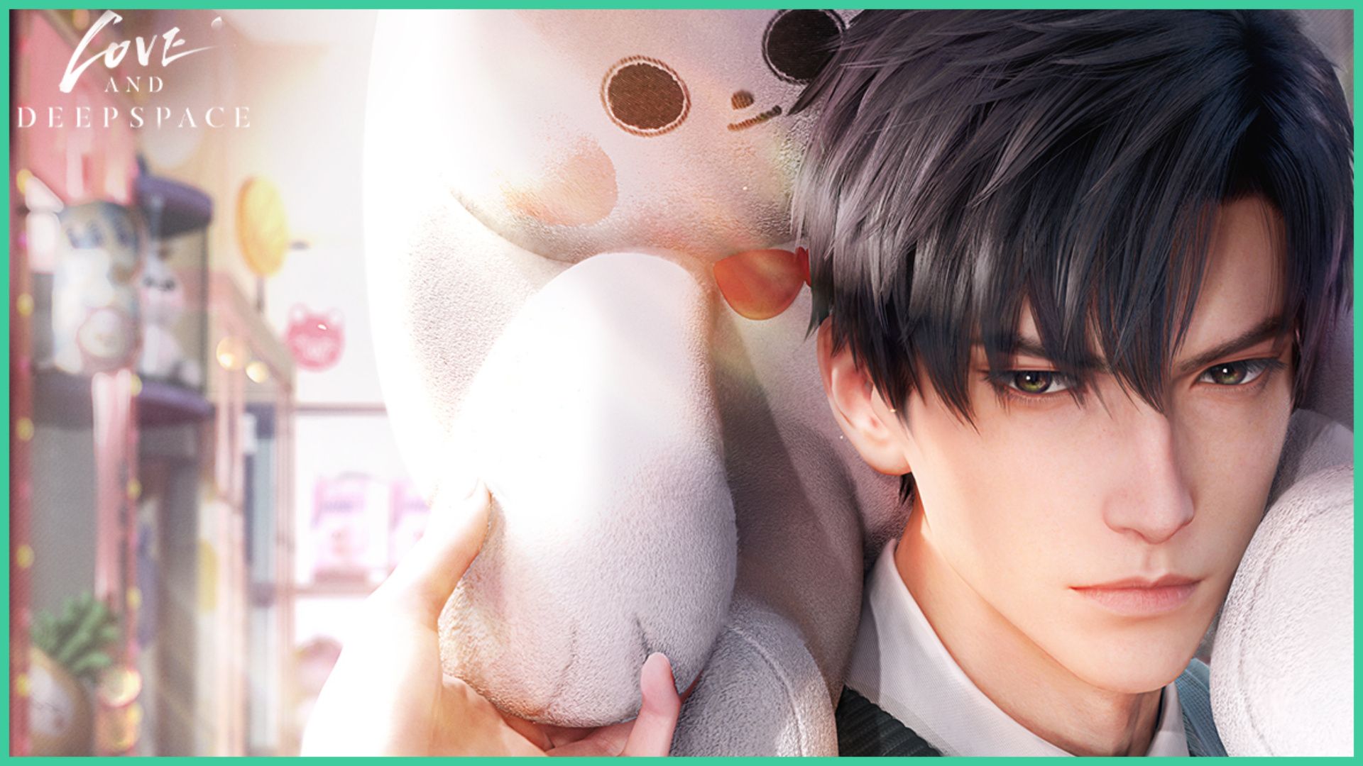 feature image for our love and deepspace zayne profile, the image features a promo image of the character as he has a teddy around his neck at a fair, zayne has a serious expression on his face as if he's trying to hide his awkwardness