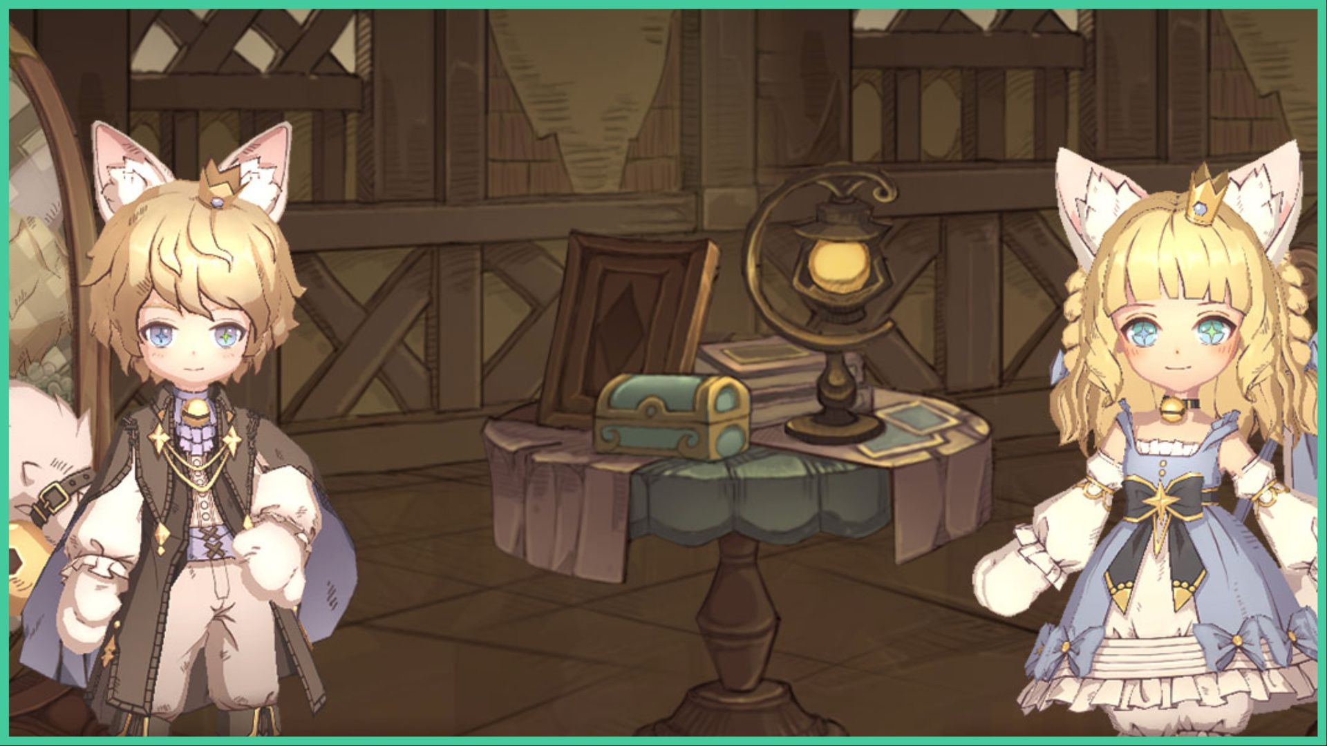 feautre image for our magic chronicle codes guide, the image features a screenshot of the game with two chibi-style characters with animal ears, hands, and tails as they stand in a wooden old-style building, there is a table between them with a lamp, small treasure box and a picture frame