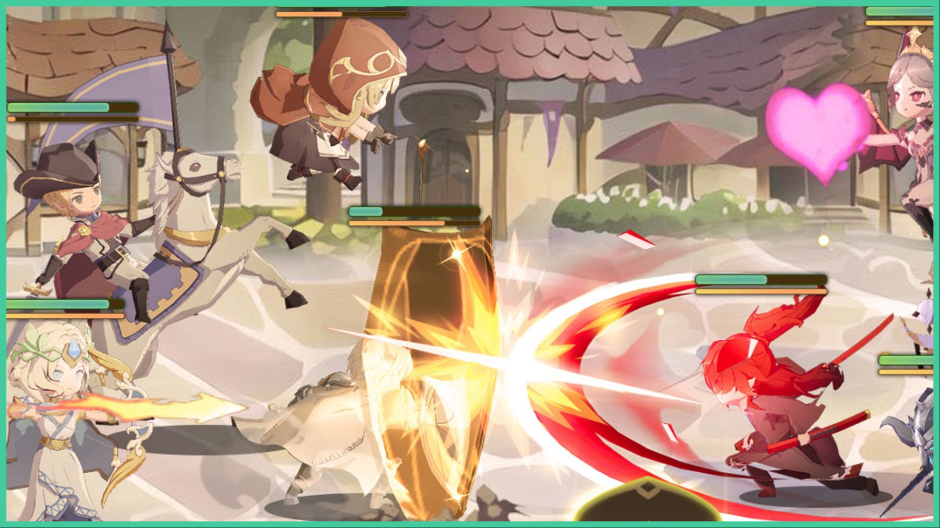 feature image for our magic chronicle reroll guide, the image features a screenshot from battle with chibi style characters attack each other with a range of abilities such as bow and arrow, mages, blades, and a giant shield that is being held by a character in the middle, there is also a character on a horse holding a spear