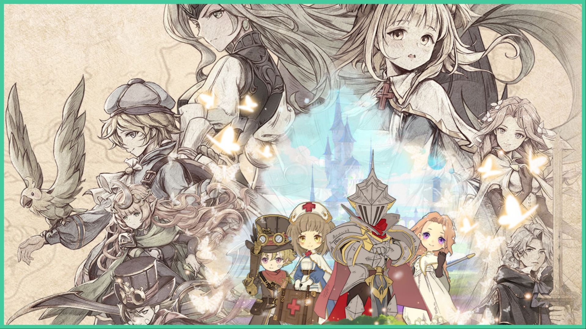 feature image for our magic chronicle tier list, the image features promo art for the game of a variety of characters, including a character to the left who has a bird on his arm, there are large character portraits framing a drawing of 4 chibi style characters from the game with a knight in the middle holding his sword into the ground with a tall castle with towers in the distance, there are glowing butterflies around the art