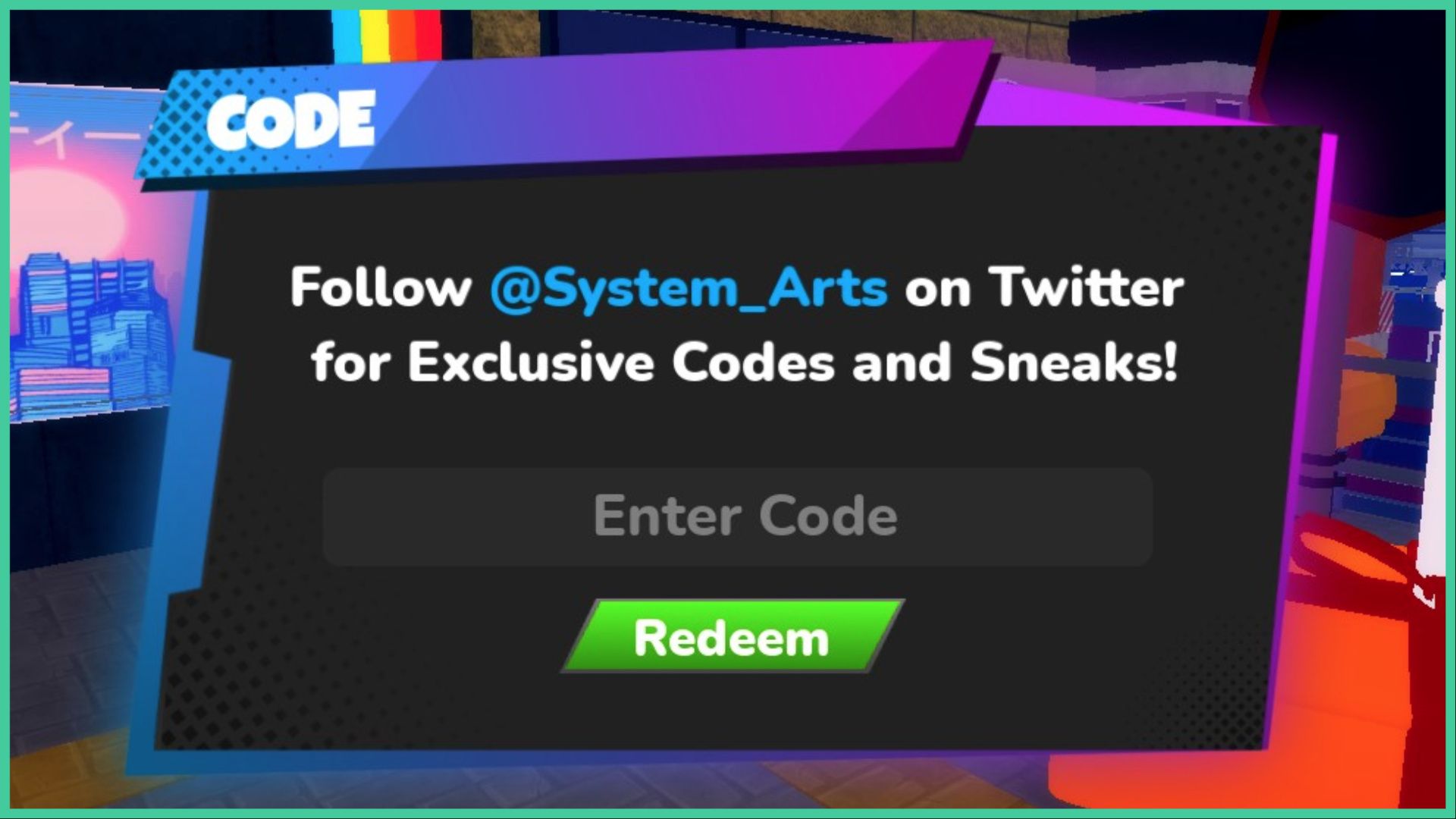 feature image for our multiverse defenders codes, the image features a screenshot of the code redemption box with a green button that reads 'redeem' and an empty text box that reads 'enter code', the pop up window reads 'follow system arts on twitter for exclusive codes and sneaks'
