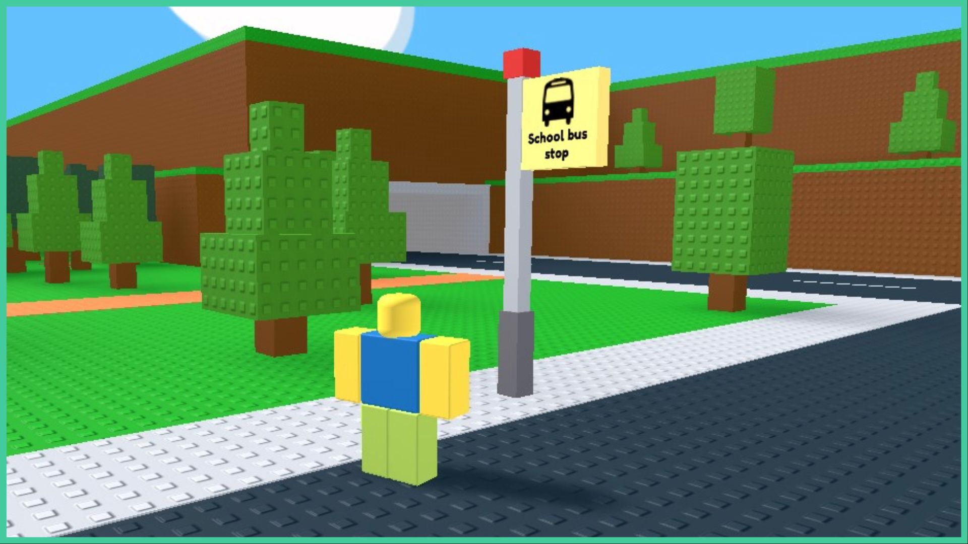 feature image for our need more heat all endings guide, the image features a screenshot from the game of the roblox character standing by the school bus stop sign by the road, they are surrounded by trees and hills as the road leads into a tunnel