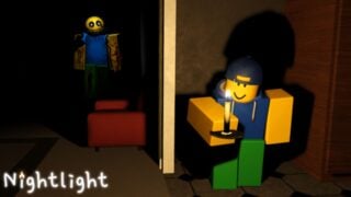 promo image for nightlight, there is a roblox character wearing a backwards cap while hiding behind a wall holding a lit candle, there is a humanoid monster walking towards them in a dark hallway
