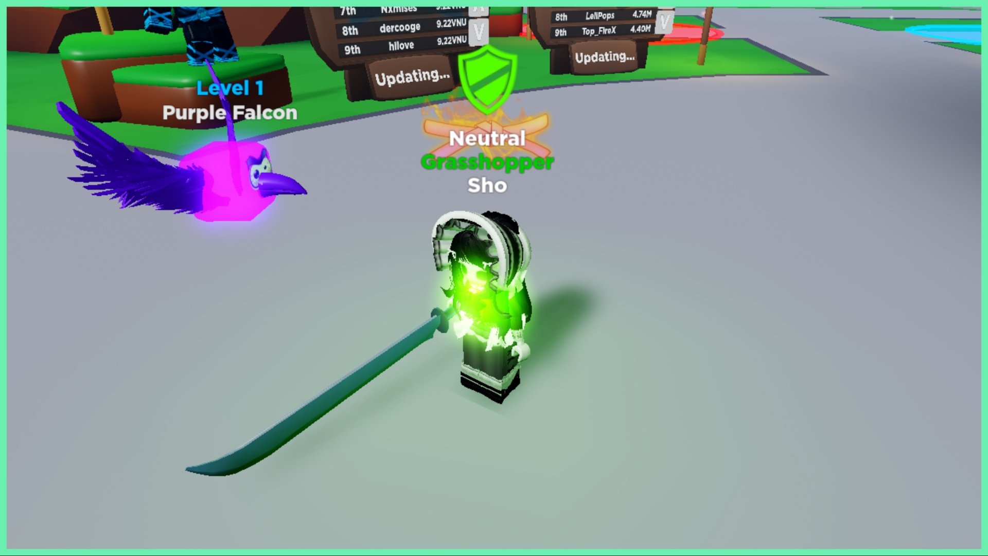 the image shows my avatar who is pale with a maid outfit holding a long dark black sword. She has a green aura over her face and a purple falcon is flying to the left of her. You can see that she is stood idly in the lobby of the ninja legends game on the grey path nearby a leaderboard