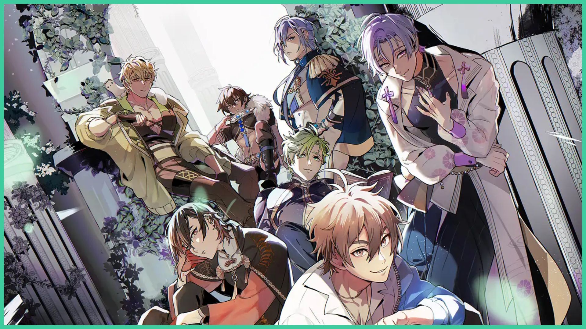 feature image for our nu carnival tier list, the image features promo art of the full roster of male characters as they sit around, with some of the characters standing against pillars and the walls that are adorned with leaves as the sun shines through the archway, some of the men are smiling while others have a stern look on their faces