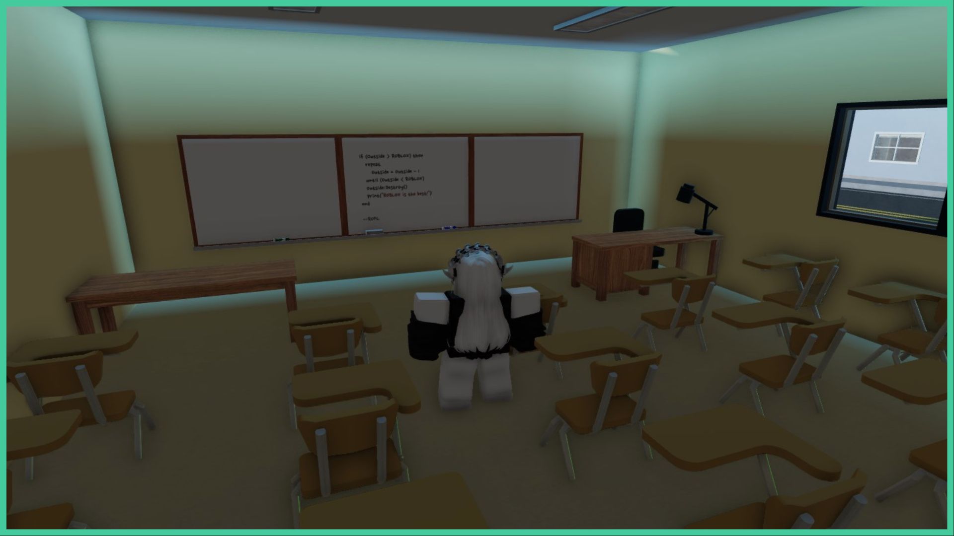 feature image for our omini x classes guide, the image features a player standing inside a darkly lit classroom, with three whiteboards on the wall and multiple desks and chairs, with the teacher's desk to the right with a office chair and lamp on the table
