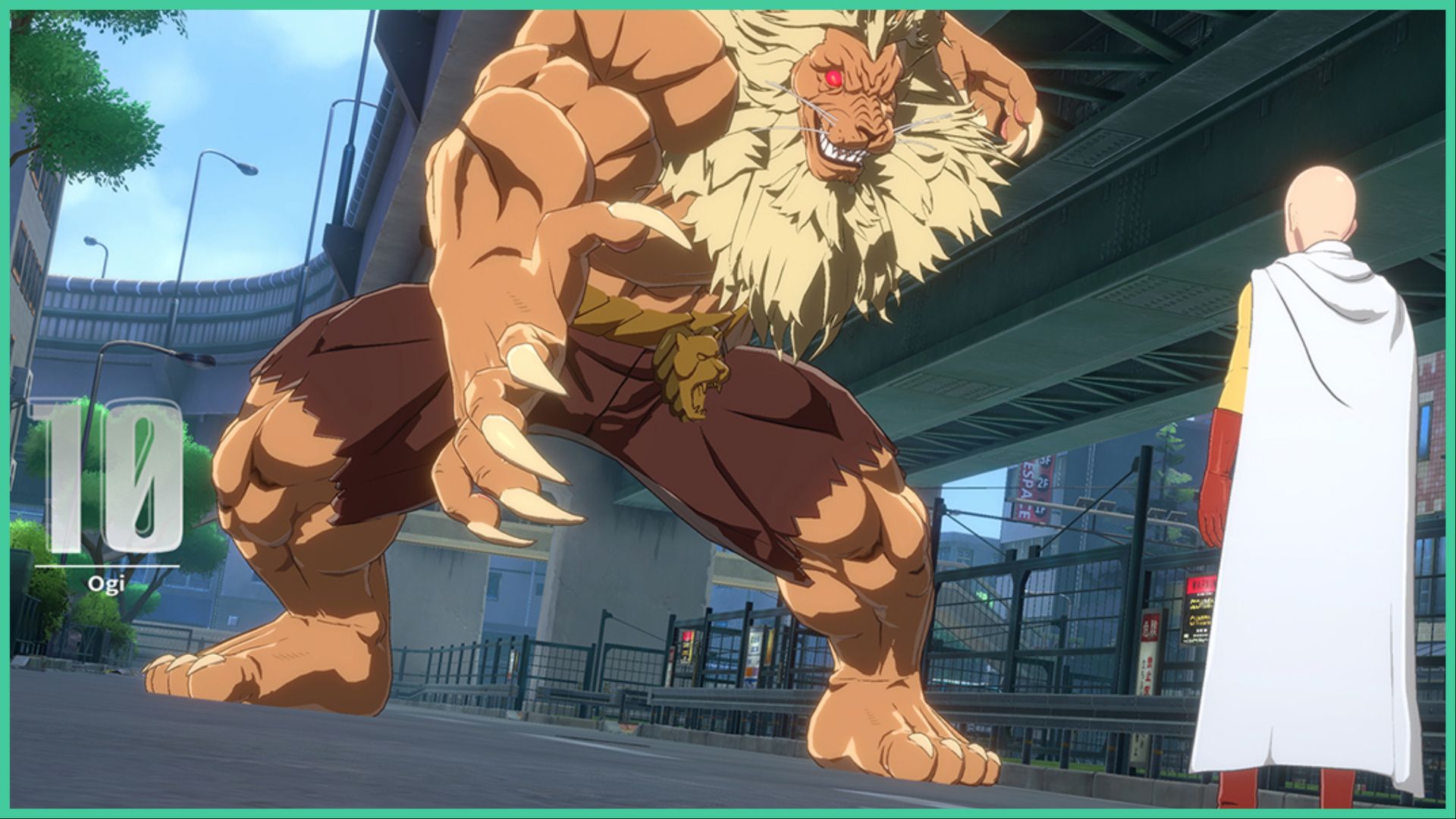 feature image for our one punch man world codes, the image features a screenshot from the game of saitama wearing a cape as he stands in front of a giant monster that looks like a lion, which is standing on it's two back feet as it's clawed hand reaches forward, it is snarling with its teeth with red glowing eyes as they both stand by a bridge in the city next to metal fences with buildings in the background behind the overhead bridge