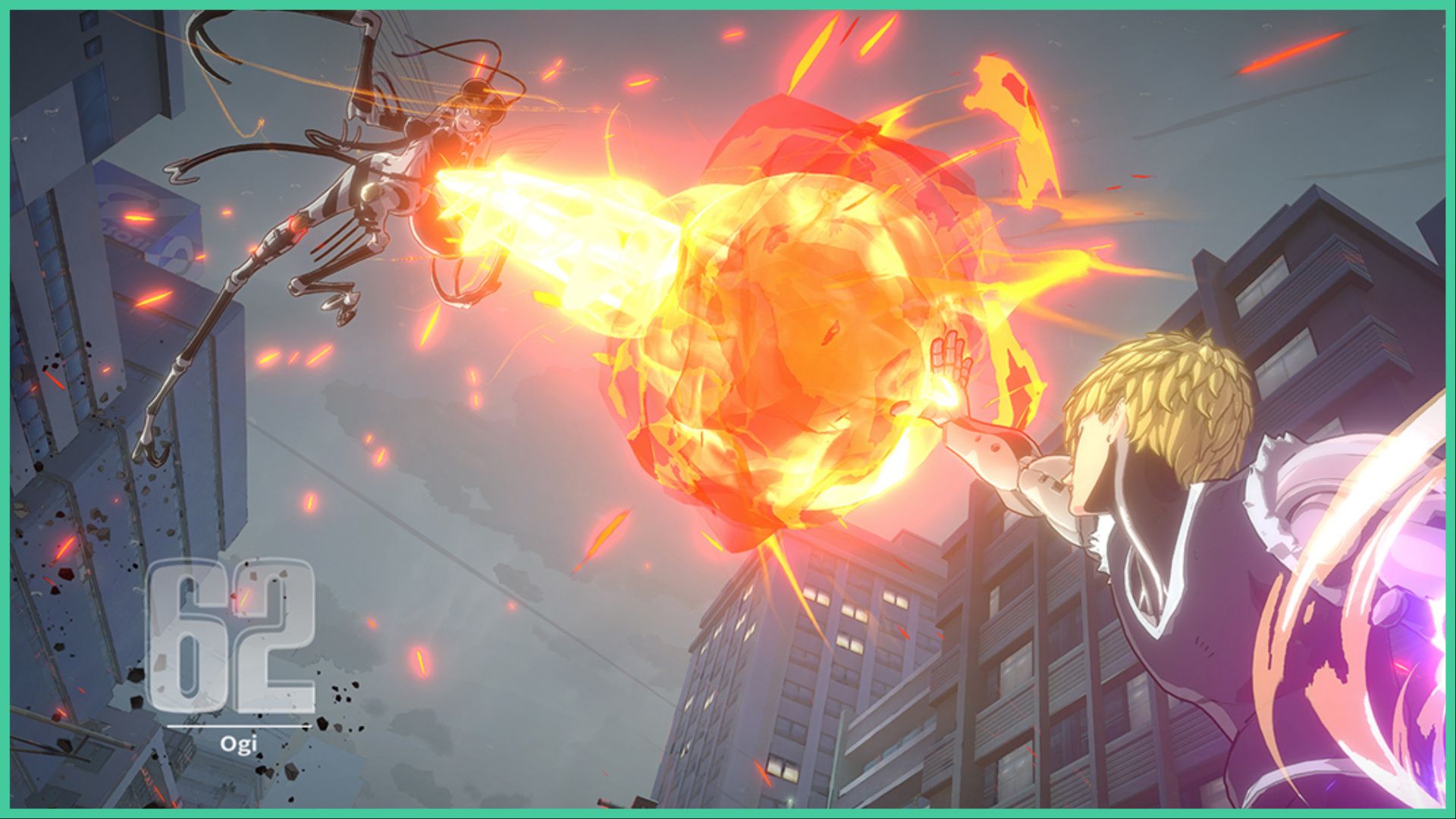 feature image for our one punch man world tier list, the image features a screenshot of genos from the franchise lifting his arm to the sky and producing a blast of flames toward the monster that is mid-air with insect-like legs and arms, they are surrounded by city buildings as the sky is grey and smokey