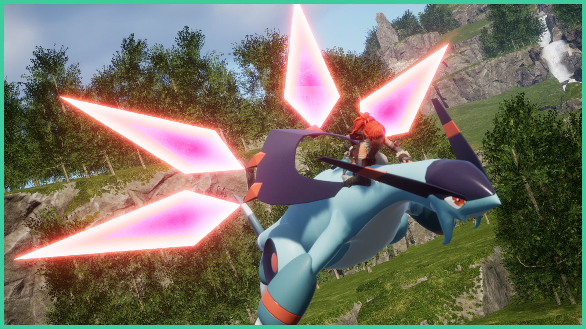 feature image for our palworld flying mount tier list, the image features a screenshot of a character flying on the back of a mount through the skies, with mountains, plants, and trees in the background, the mount has 4 glowing diamond shaped panels around it
