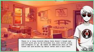 The image shows a very red-hued room littered with random oddities such as katanas on the wall and the occasional puppet. Dave is off to the right of the screen wearing his usual attire of black shades and the turntable shirt. The text on the front of the game explains how he throws an apple juice carton and entirely misses the shot