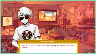 the image shows an up close of Dave in his red-hued room with a tv on in the background showing a man on a skateboard doing jump tricks. Dave is talking about Simba from the lion king and "who is going to teach him combat now"