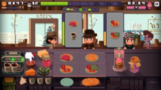 screenshot from pixel cafe of restaurant management gameplay, there are customers with order bubbles next to them as other customers walk around the restaurant, there are plates of food, an ice cream machine, and two full coffee cups on the coffee machine