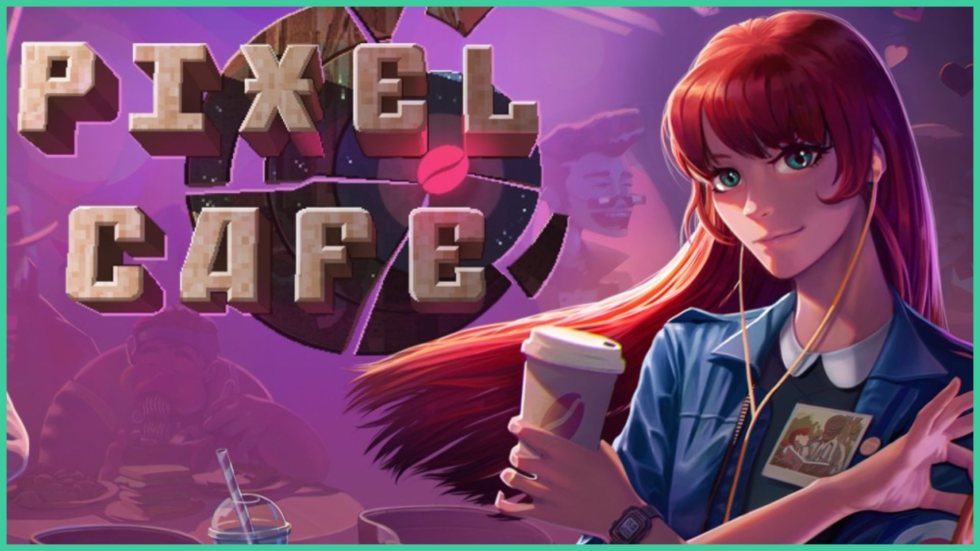 feature image for our pixel cafe switch review, the image features promo art for the game of a realistic drawing of pixel as she has earphones in and holds a coffee-to-go cup