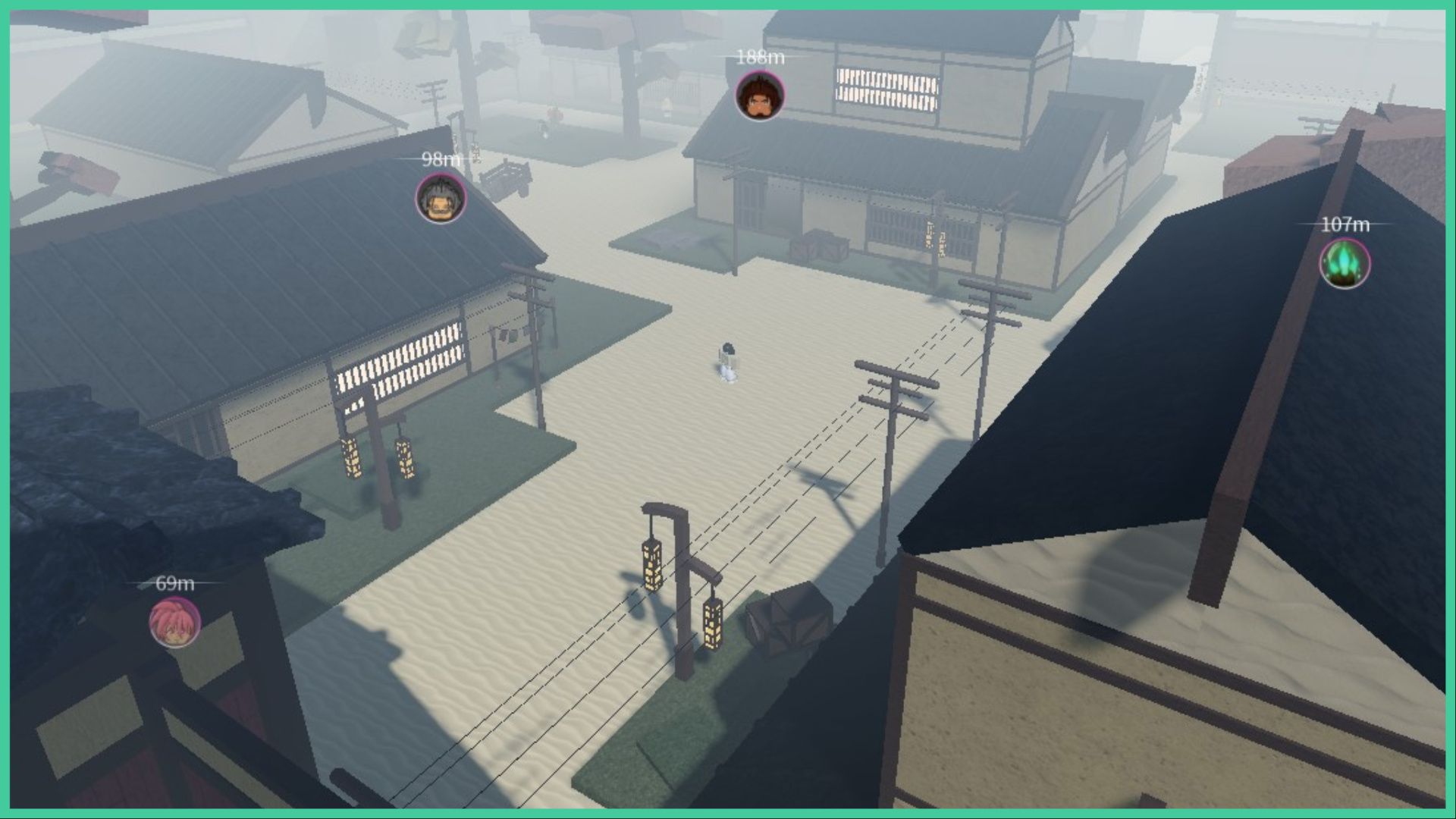 feature image for our project slayers breathing tier list, the image features a screenshot from a hub area of the game, which looks like a taisho period village, with traditional style buildings and streetlamps, the entire area is covered in mist