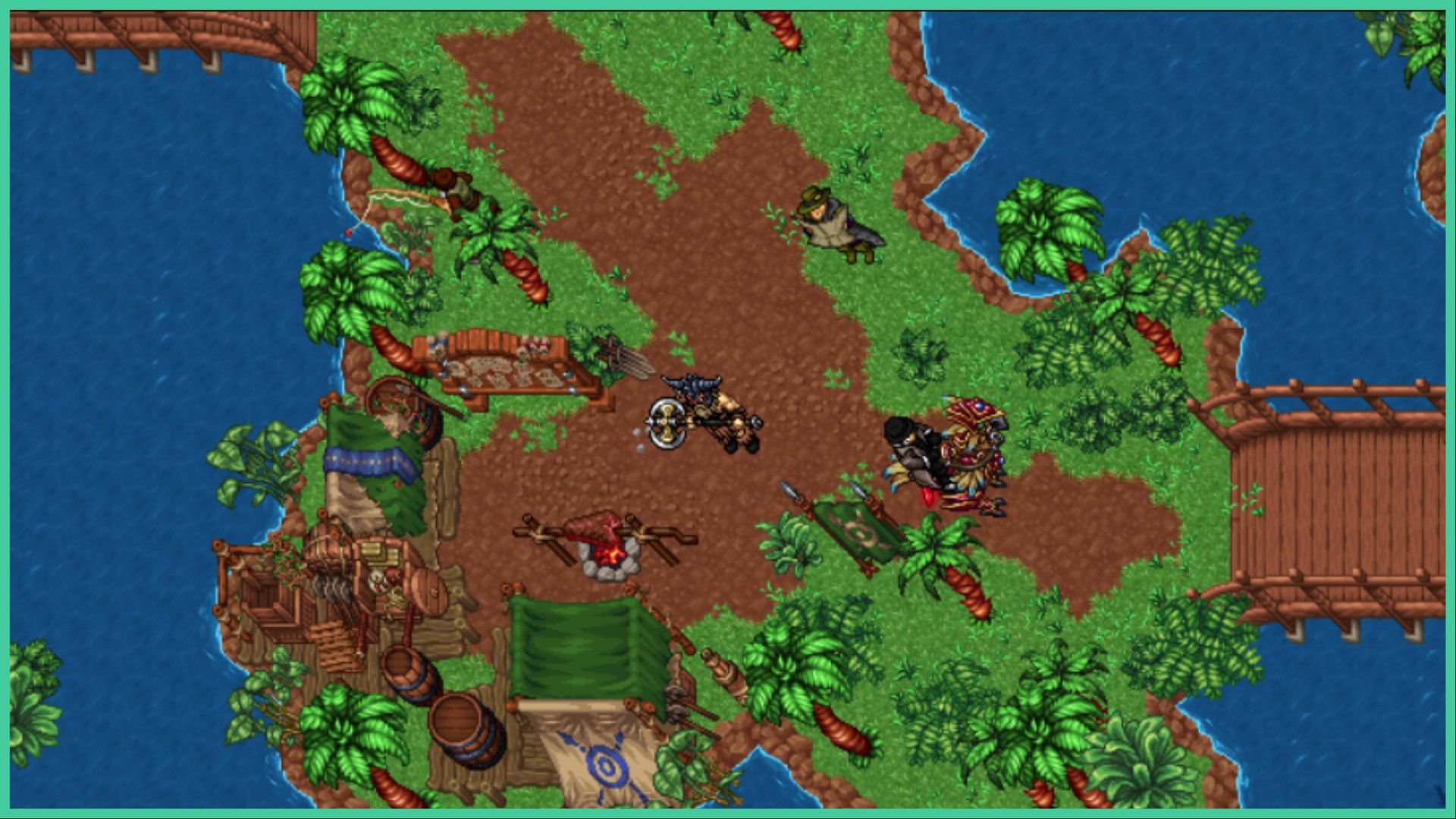 feature image for our ravendawn tier list, the image features a screenshot from the game of a top-down view of characters standing at what looks to be a camp, with meat roasting on a fire, a character looking at a map, a warrior holding an axe, someone fishing by the waterside, and a character sat on a bird mount, they are surrounded by trees and water, with two bridges on either side