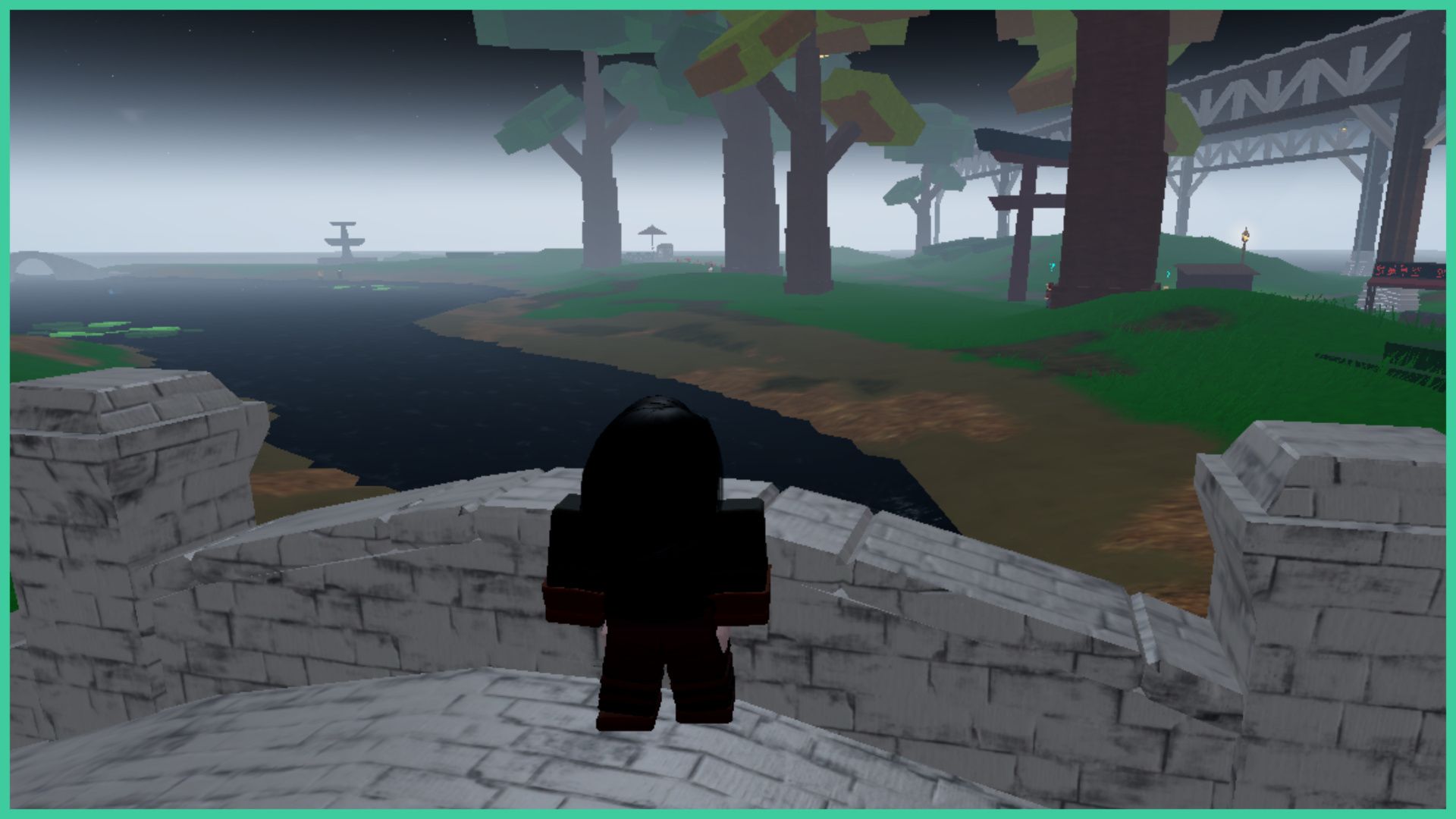 feature image for our robending codes, the image features a screenshot from the main hub of the game as a player stands on a stone bridge whilst overlooking the river, surrounded by tall trees and a large structure in the distance, the area is coated in mist
