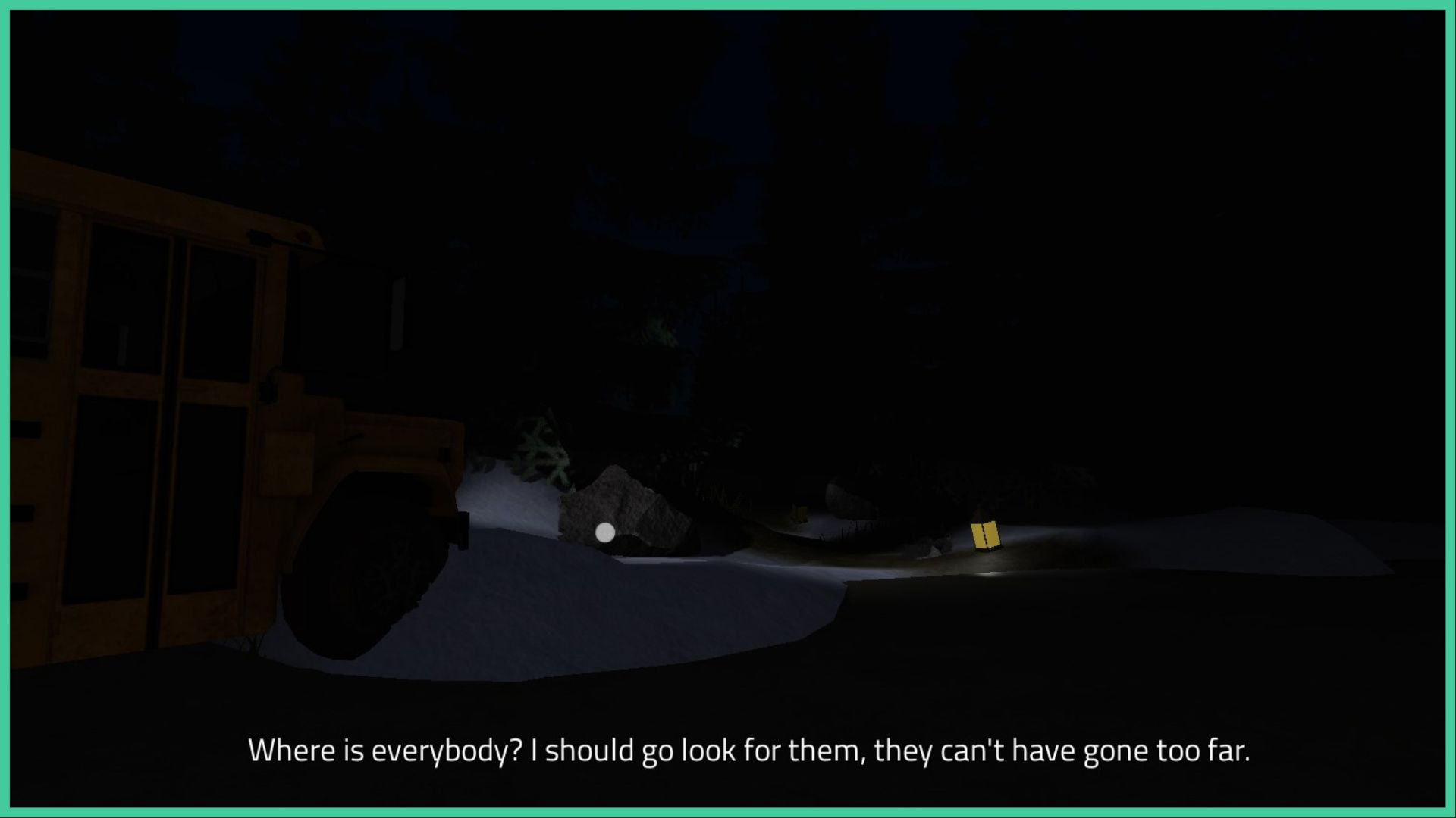 feature image for our roblox elmira maze guide, the image features a screenshot from the start of the game of an abandoned school bus surrounded by snow and darkness, there is a lantern on the ground ahead that is lighting up the road slightly, there is dialogue at the bottom of the screen that reads 'where is everybody? i should go look for them, they can't have gone too far'