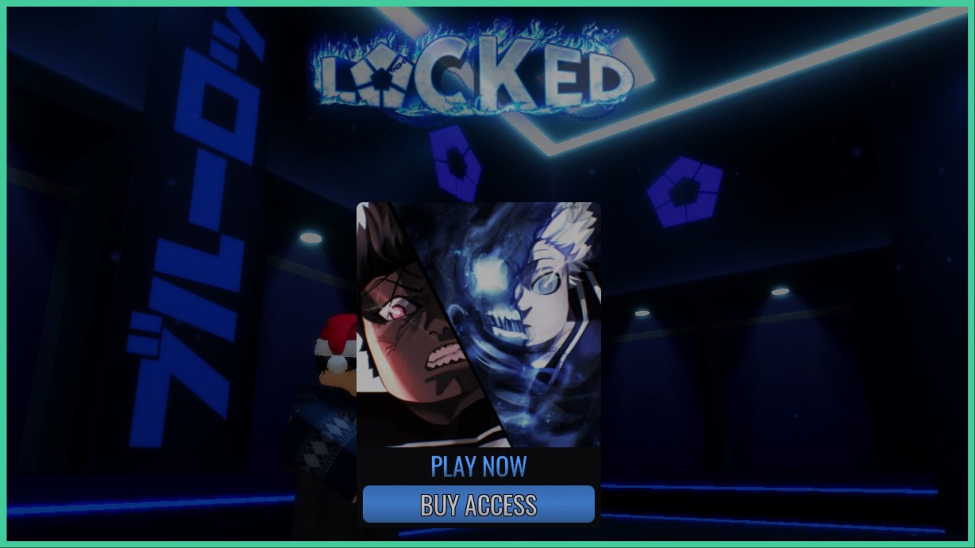 feature image for our roblox locked traits, the image features a screenshot from the start of the game, with the game's logo at the top surrounded by blue flames, as well as a square piece of art of roblox versions of blue lock characters with the button under that says "buy access"