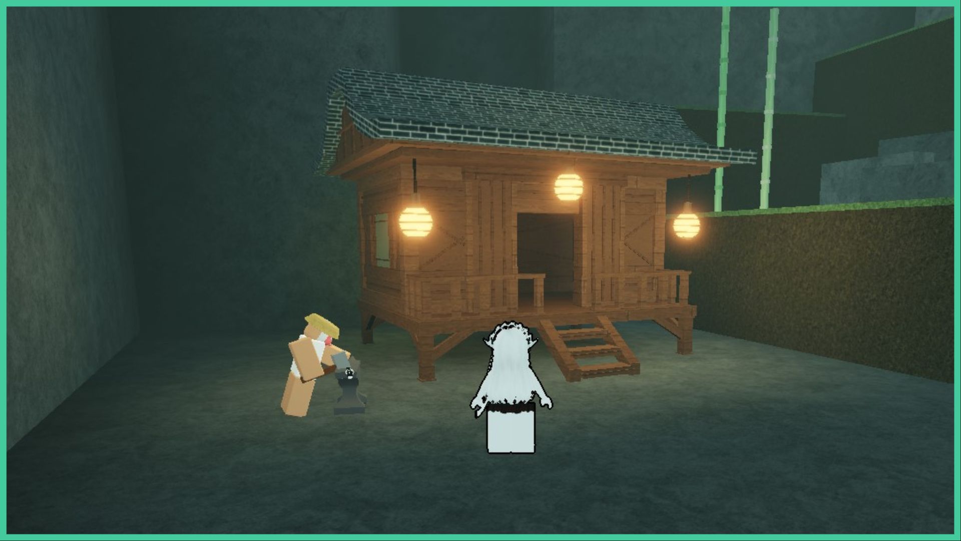 feature image for our rogue demon waterfall code guide, the image features a screenshot from the game of a player standing by the swordsmith who is using the anvil outside a small wooden building that has a small set of stairs leading to the door and is lit up by 3 lanterns attached to the roof