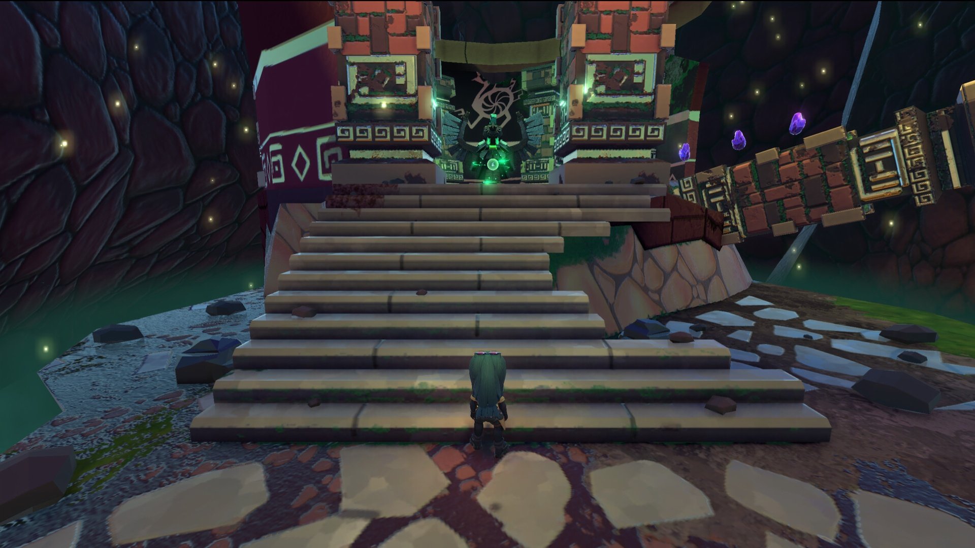 A player climbing on the steps of seemingly ruined palace. Image is from game Runa & the Chaikurú Legacy.