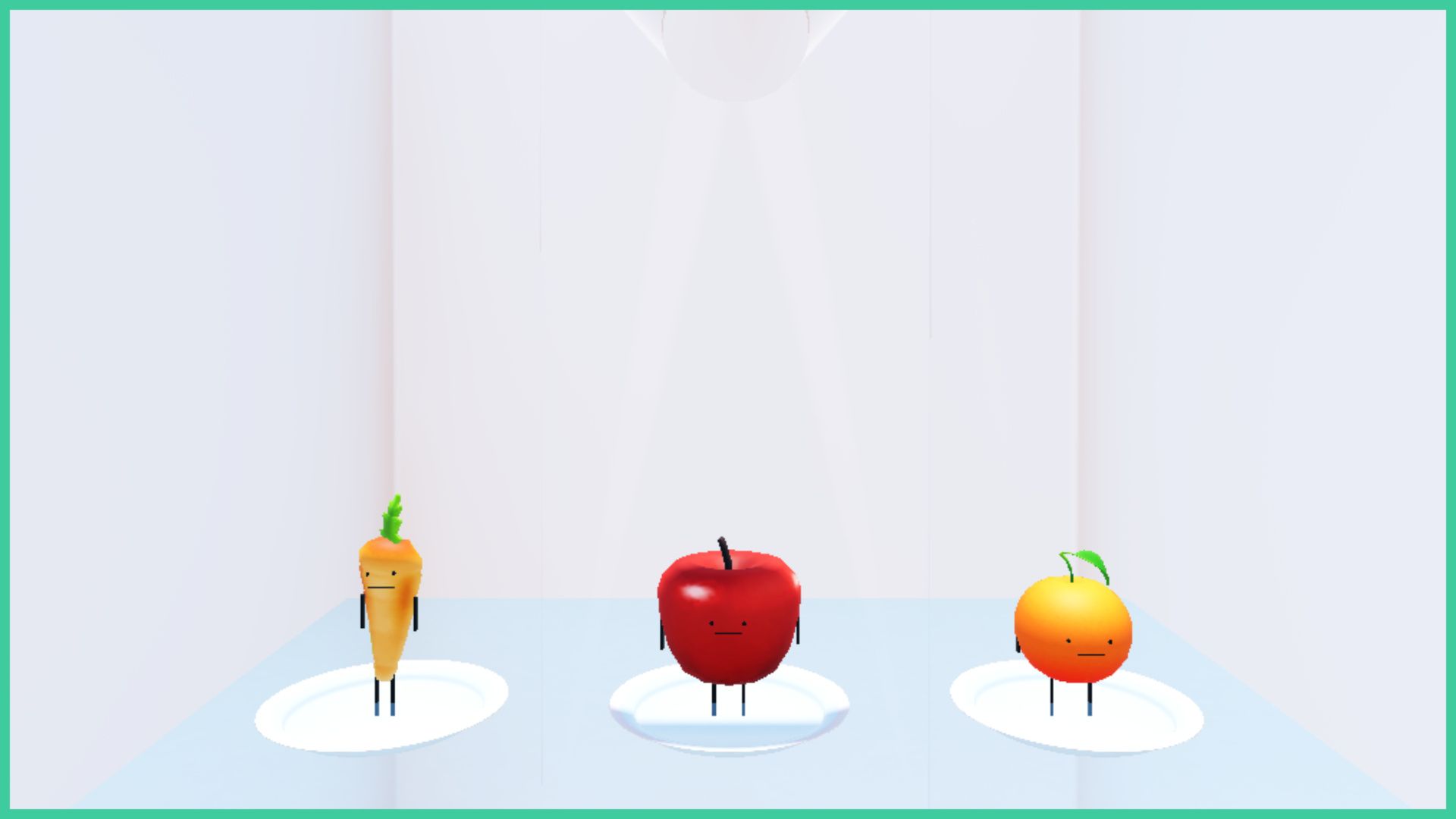 feature image for our secret staycation all foods, the image is a screenshot from the game with a screenshot of the fridge with a carrot, apple, and orange standing on 3 plates inside the fridge
