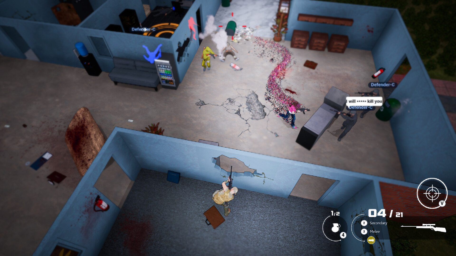 A fierce shooting fight Cops and Rebels in a building. Image is from game Shoot On Sight.