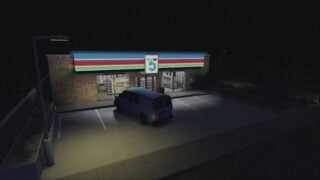 image from short creepy stories of a convenience store that glows at night time, while a van parks outside, the street is barely lit