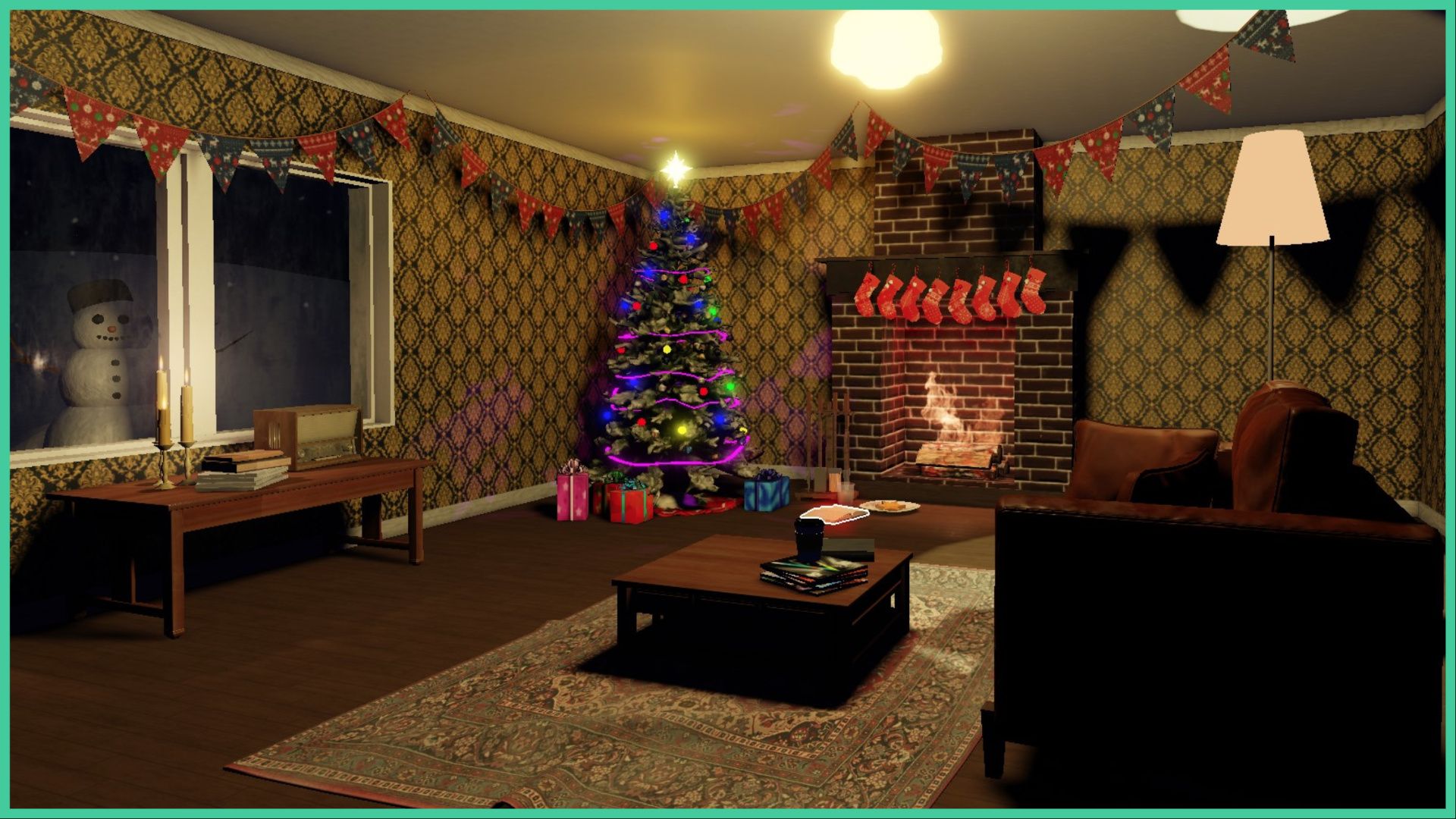 feature image for our short creepy stories krampus, the image is a screenshot from the living room in the game, decked out with christmas decorations, including bunting and a glowing christmas tree with lights, baubles, a star on the top, and gifts underneath the tree, there is a glowing fireplace with festive stocking hung up, as well as a sofa, a coffee table, and a desk that has lit candles, books, and an old style radio on top, there is a large window that shows that it is snowing outside, with a snowman staring through the window