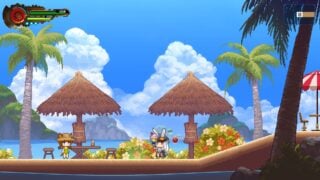image from tevi of the main character tevi on the beach holding a cold drink as the ocean, mountains and clouds sit in the distance, there are tables and chairs covered by umbrellas 