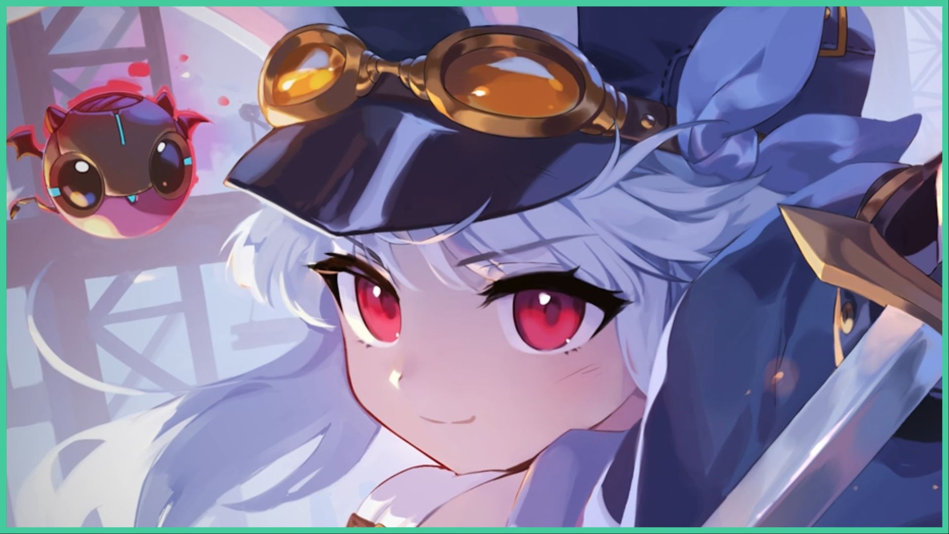 feature image for our tevi switch review, the image is official promo art for the game of tevi as she wears her hat with goggles on top, smiling at the viewer as she holds a sword slightly outside of the image, there is a floating robot orb next to her with wings