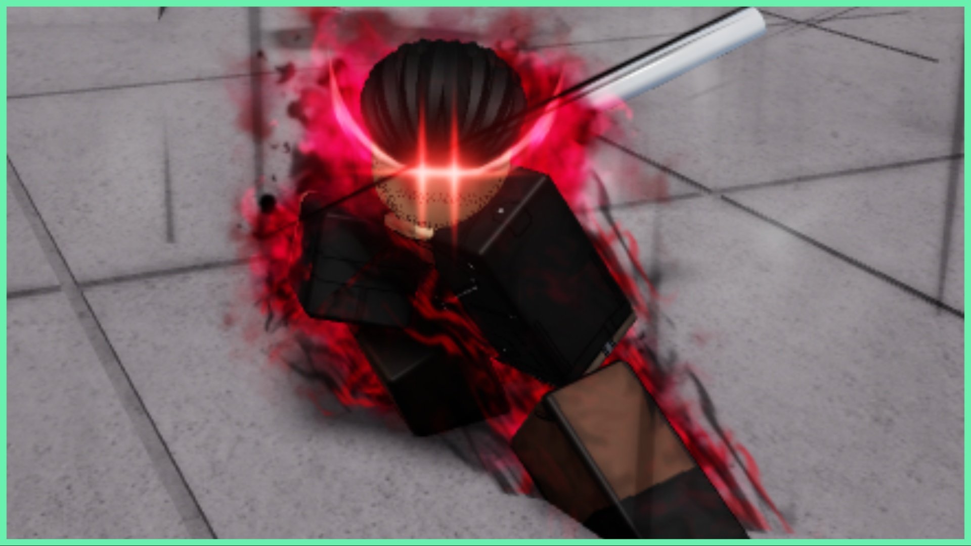 The image shows a character in a crouched power stance holding a bat behind them. They have a red aura and red shining eyes.