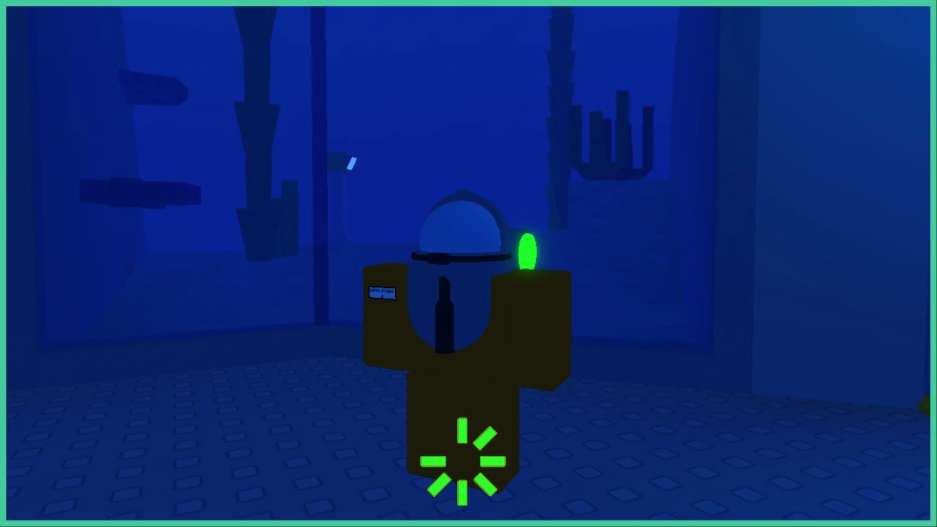 feature image for our underwater company creatures guide, the image features a screenshot from the lobby area of a roblox character in a lethal company-inspired outfit with a diving helmet on as they stand in front of a window that provides a view of the depths of the ocean with seaweed and plants