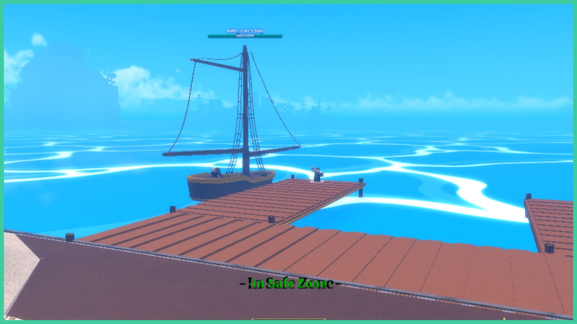 feature image for our z piece tier list, the image features a screenshot from the game's hub area of a wooden deck over the sea with a boat that is by the dock as a character stands next to it and waves