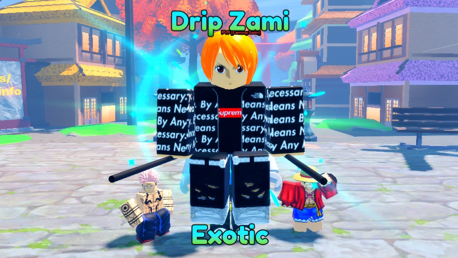 An image of the Drip Zami character from the Roblox game Anime Last Stand. In the background, an urban street scene.