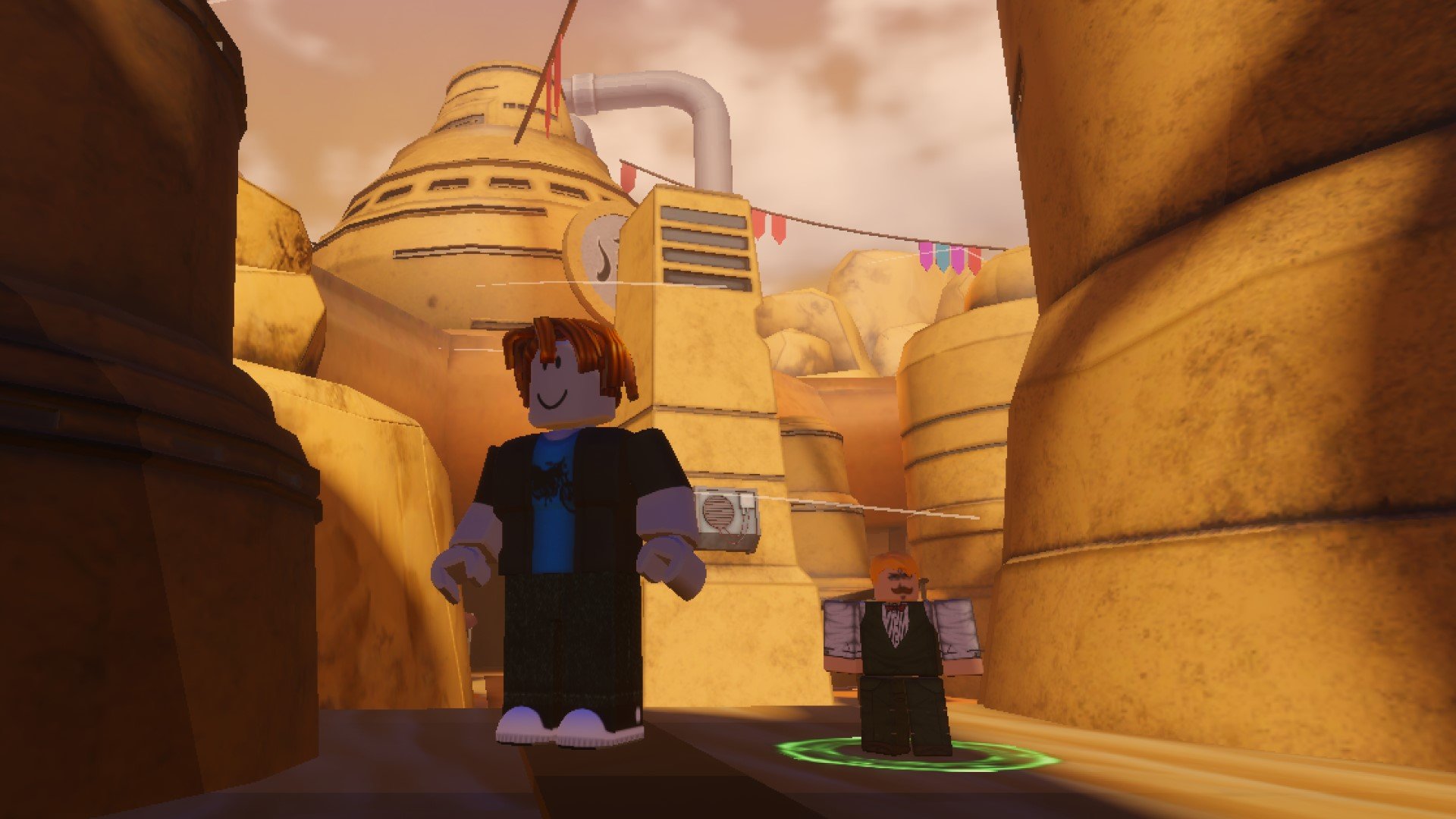A character from Roblox game Anime Last Stand next to a Farm Unit. In the background, an urban desert scene.