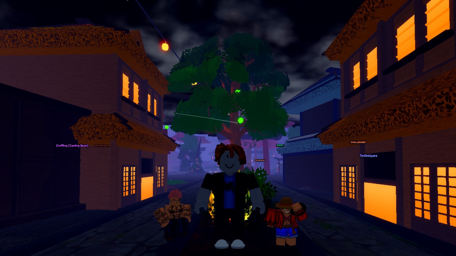 A character from Roblox game Anime Last Stand standing in front of a tree between two houses. The sky is dark and cloudy in the background.